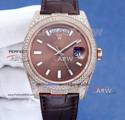 Swiss Replica Rolex Day Date Brown Stick Face Diamond Bezel Black Alligator Strap 3135 Watch